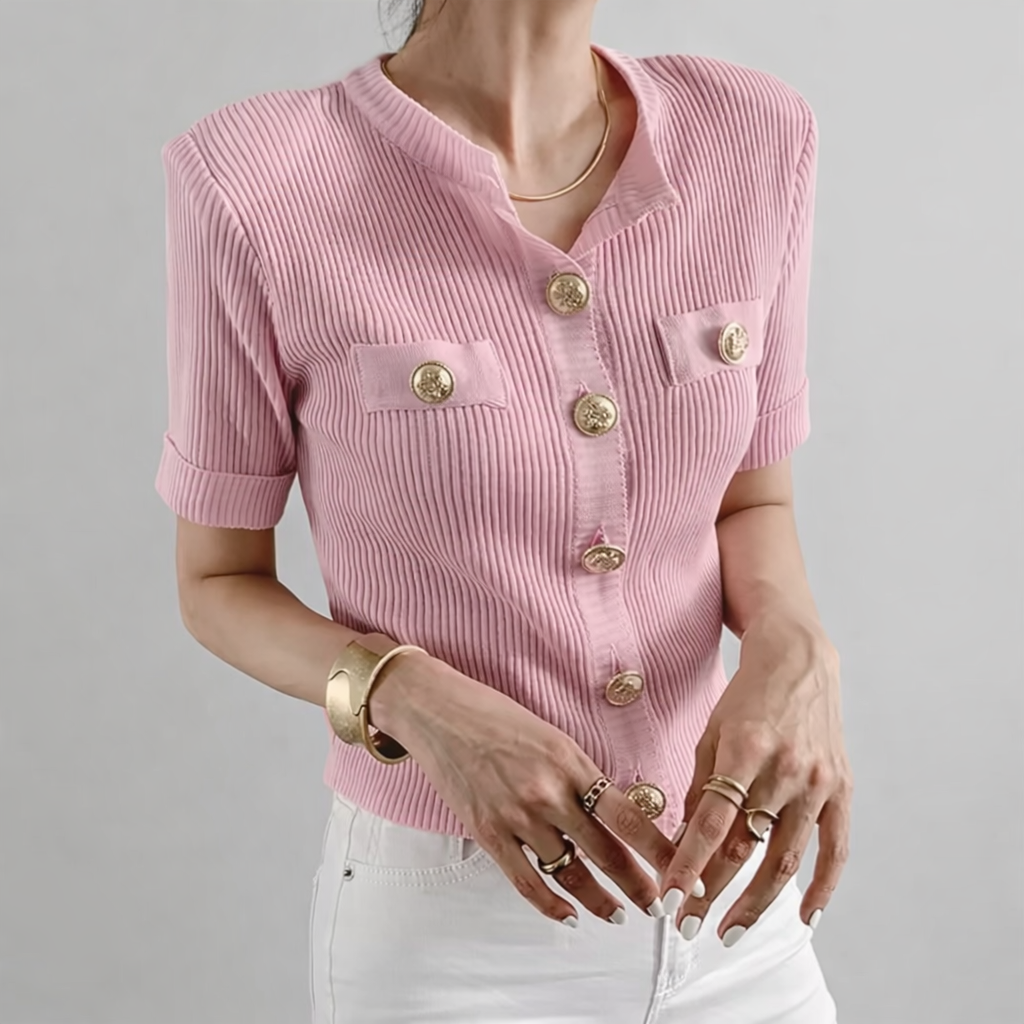 Cardigan “Paris Chic” – top in maglia a coste con bottoni gioiello