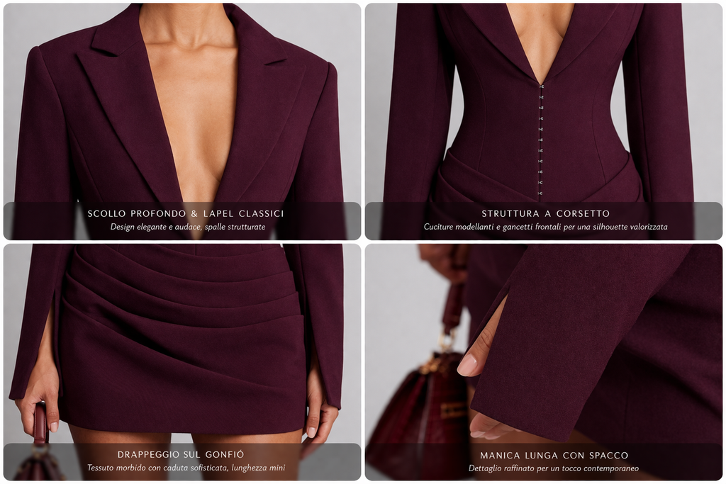 Abito “Burgundy Power” – mini blazer dress con corsetto e scollo profondo
